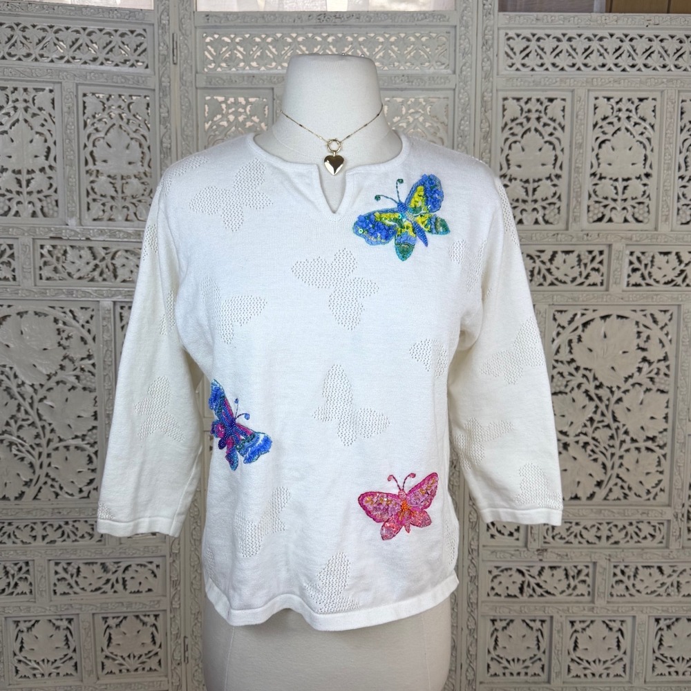 Vtg Y2K Butterfly Sequin‎ Top Sz Medium Quarter Sleeve Coquette Twee Fairy